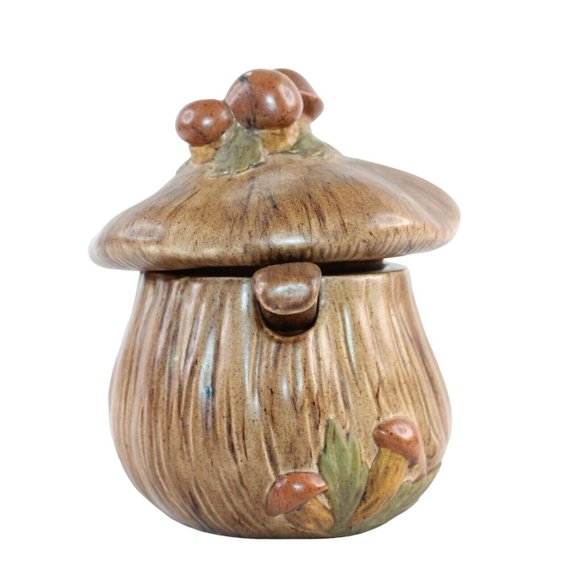 Vintage Hand Painted MCM Ceramic Mushroom Sugar Bowl Lid Matching Spoon Set - Picture 4 of 10